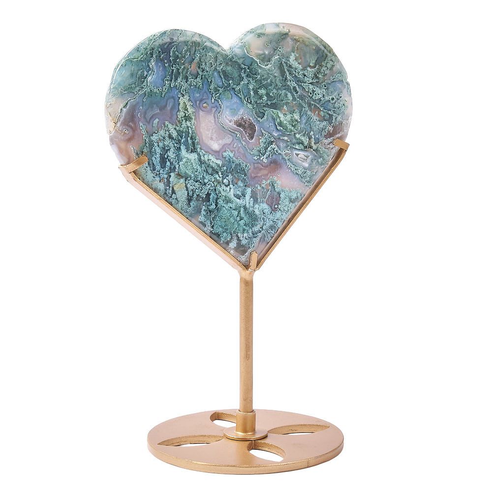 Moss Agate Crystal Heart Display | Gold Stand - Crystal Nest