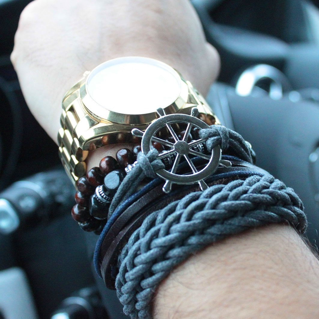 Men’s Bracelet Set – Black, Brown & Grey | Adjustable Leather, Cord & Bead Bracelets - Crystal Nest
