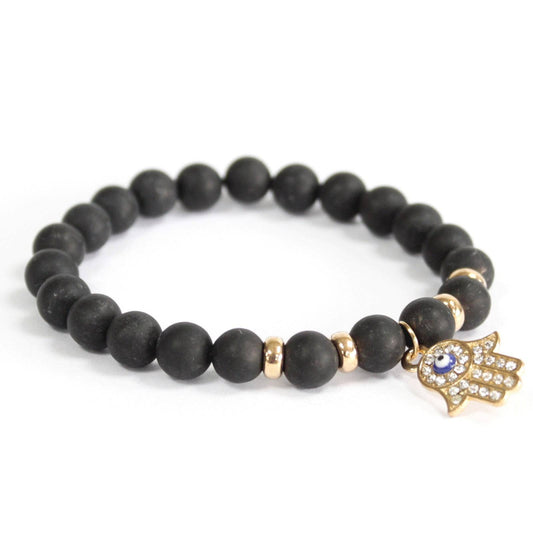 Hamsa & Black Agate Bead Bracelet - Crystal Nest