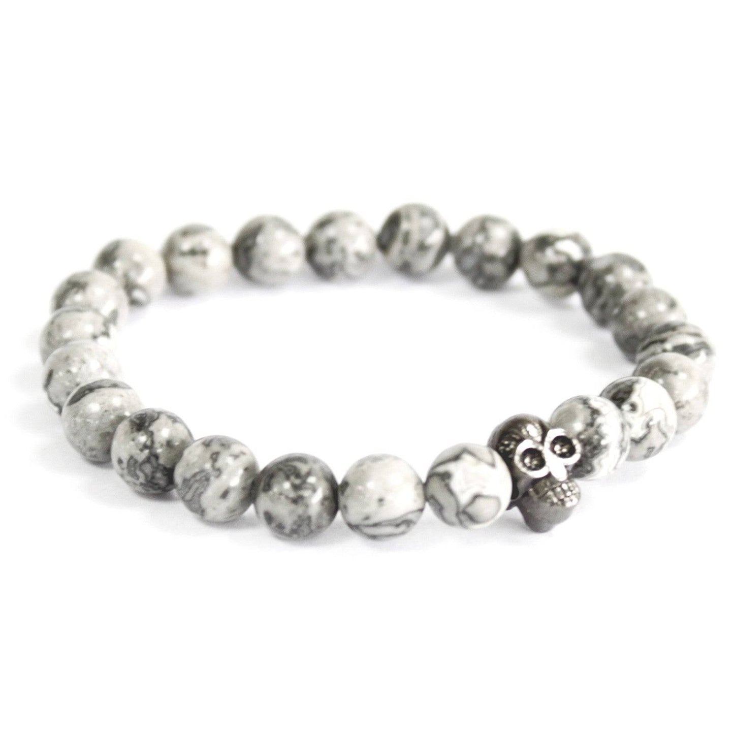 Pewter Skull & Grey Agate Bead Bracelet – Protection & Harmony - Crystal Nest
