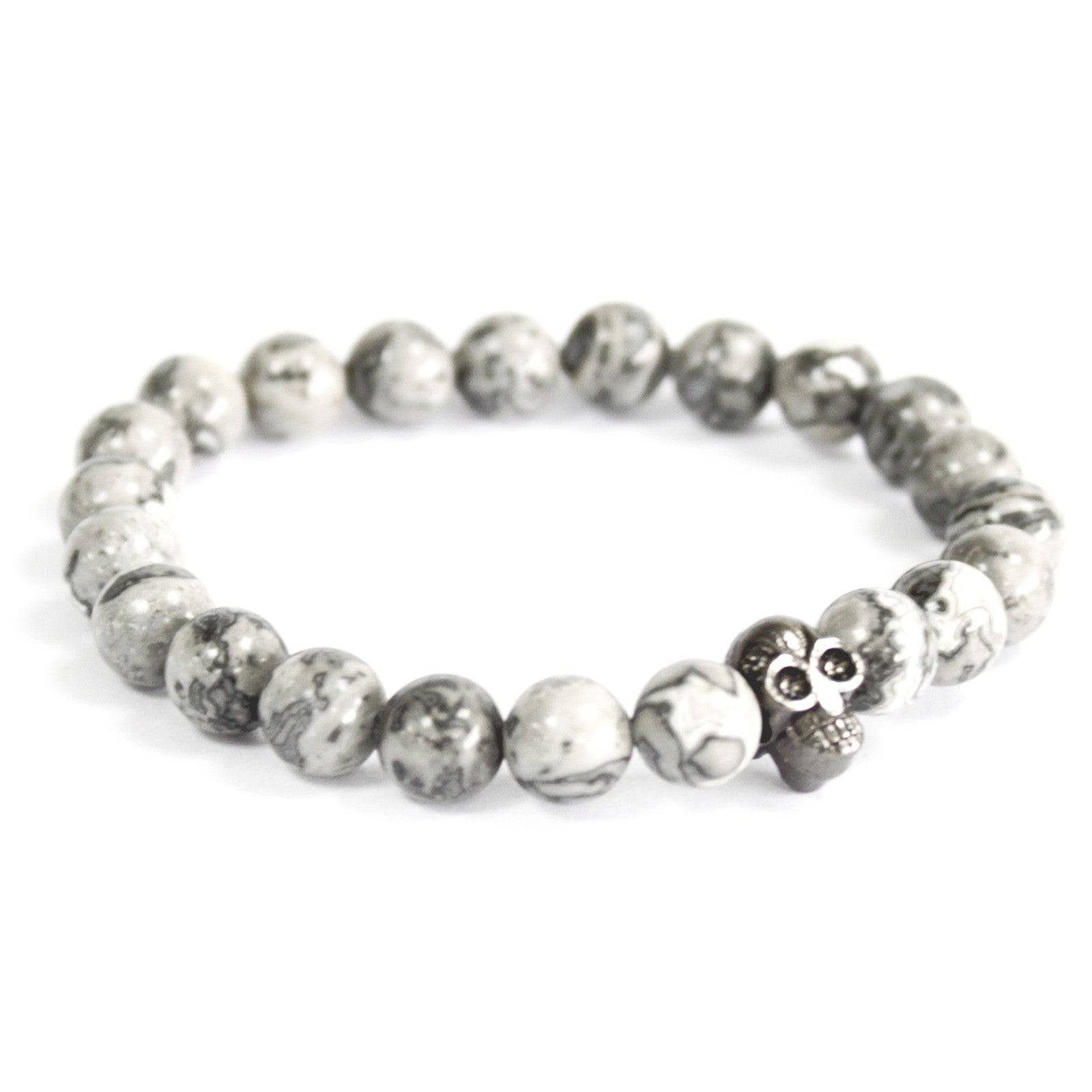 Pewter Skull & Grey Agate Bead Bracelet – Protection & Harmony - Crystal Nest
