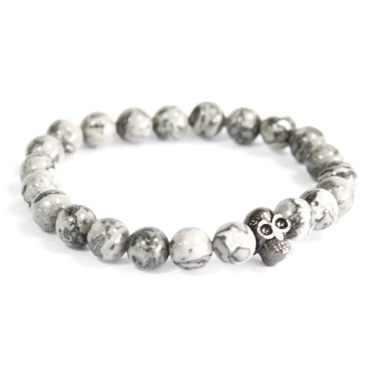 Pewter Skull & Grey Agate Bead Bracelet – Protection & Harmony - Crystal Nest