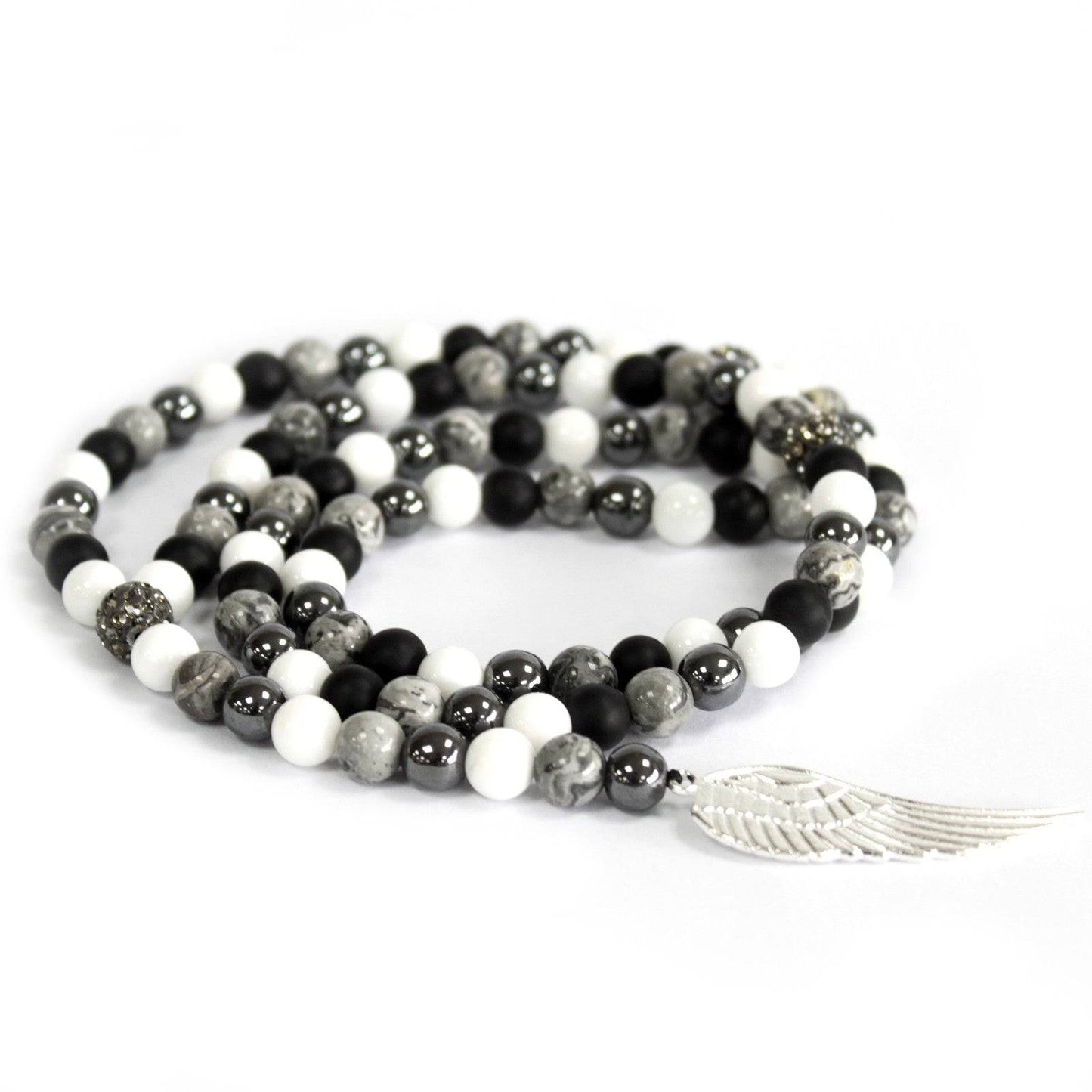 Silver Angel Wing & Grey Agate Bead Necklace – Protection & Harmony - Crystal Nest