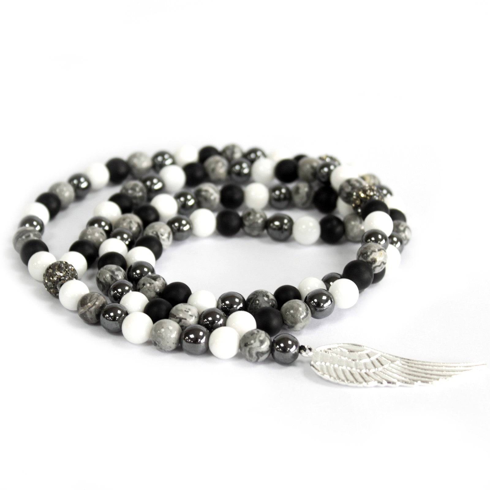 Silver Angel Wing & Grey Agate Bead Necklace – Protection & Harmony - Crystal Nest