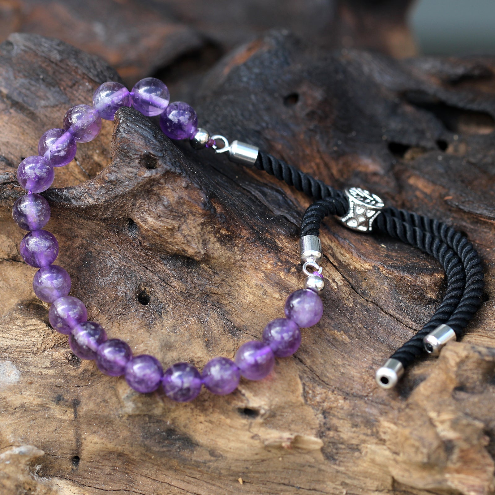 Amethyst Gemstone String Bracelet | Black Cord & 925 Silver Plated - Crystal Nest