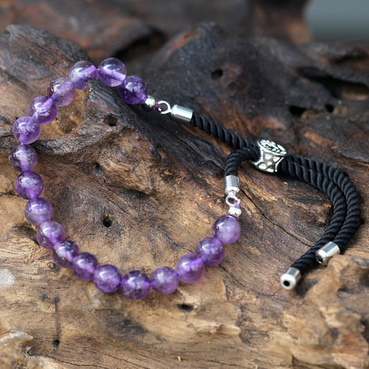 Amethyst Gemstone String Bracelet | Black Cord & 925 Silver Plated - Crystal Nest