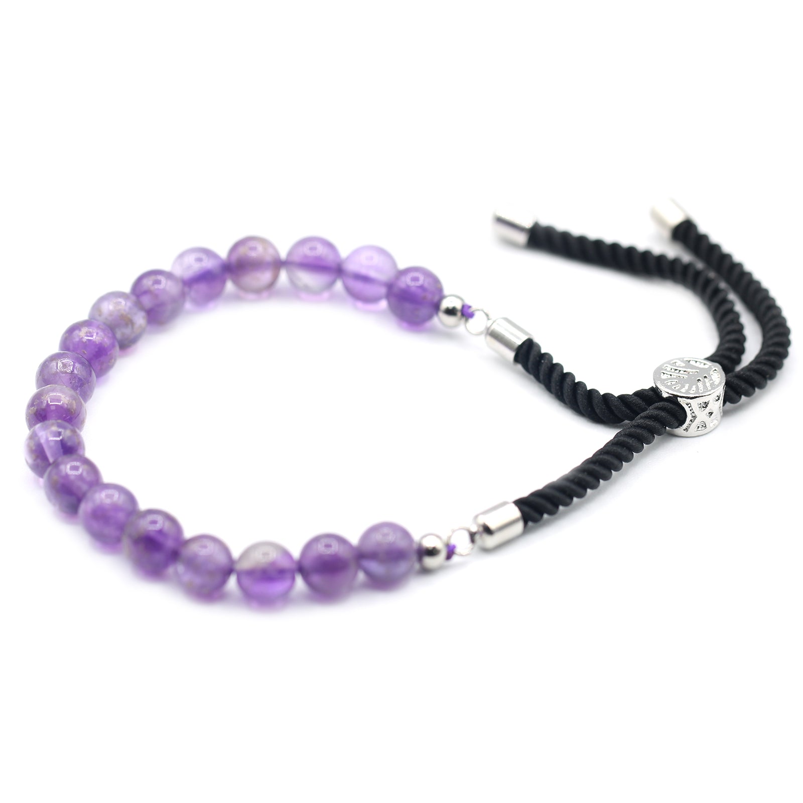 Amethyst Gemstone String Bracelet | Black Cord & 925 Silver Plated - Crystal Nest