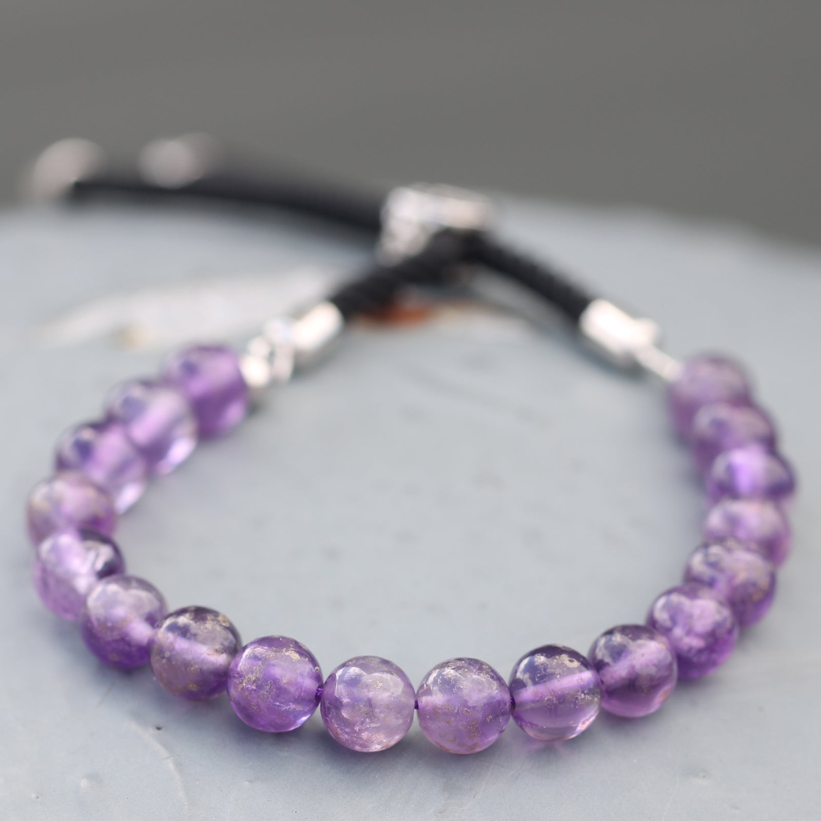 Amethyst Gemstone String Bracelet | Black Cord & 925 Silver Plated - Crystal Nest