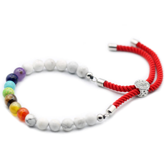 White Howlite & Chakra Gemstone String Bracelet | Royal Red Cord & 925 Silver Plated - Crystal Nest
