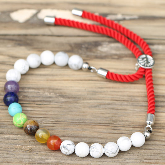 White Howlite & Chakra Gemstone String Bracelet | Royal Red Cord & 925 Silver Plated - Crystal Nest