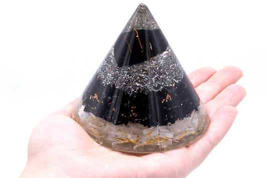 Selenite & Black Tourmaline Orgonite Cone - Crystal Nest