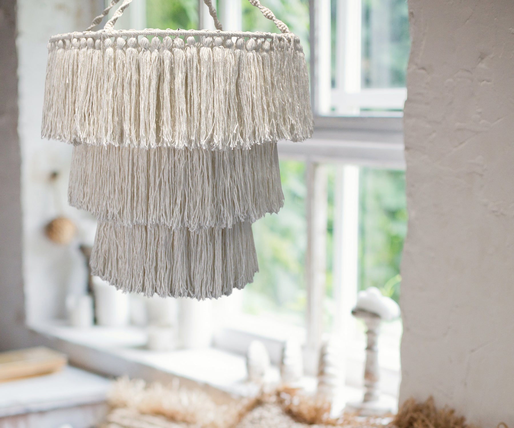 Cream 3-Tier Macrame Boho Chandelier Shade - Crystal Nest