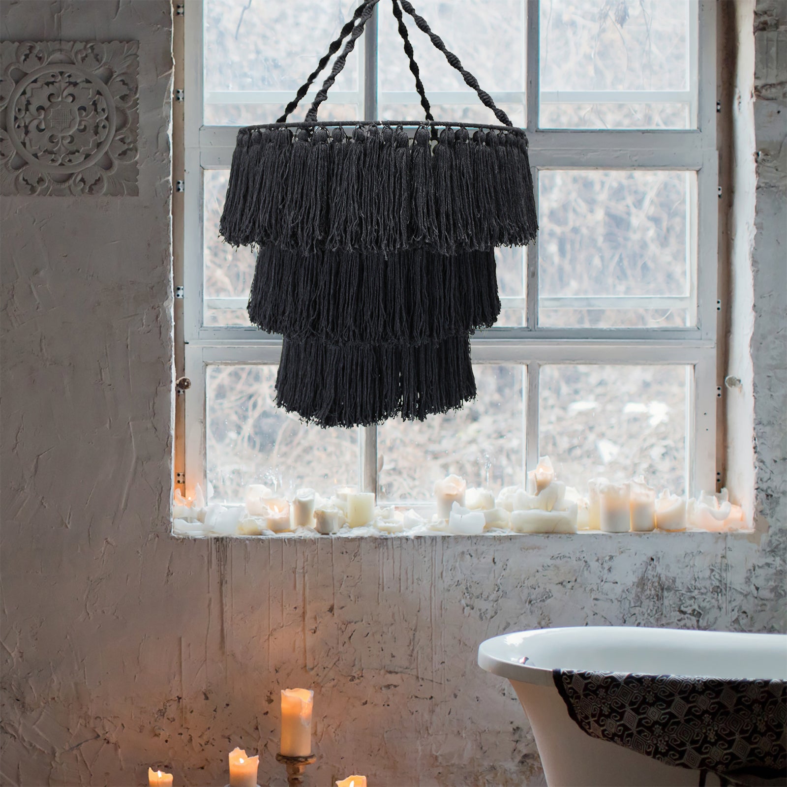 Black 3-Tier Macrame Boho Chandelier Shade - Crystal Nest