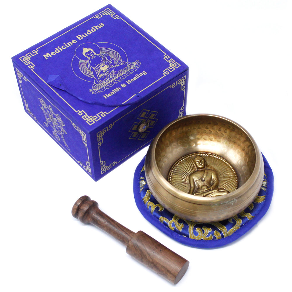 Medicine Buddha Brass Singing Bowl Gift Set | D#5 Note - Crystal Nest