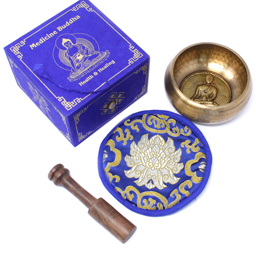Medicine Buddha Brass Singing Bowl Gift Set | D#5 Note - Crystal Nest