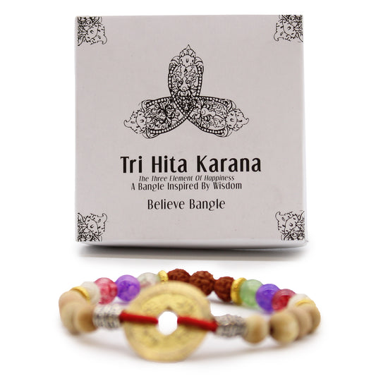 Tri Hita Karana Believe Bangle | Sandalwood, Rudraksha & Crystal Bead Bracelet in Gift Box - Crystal Nest
