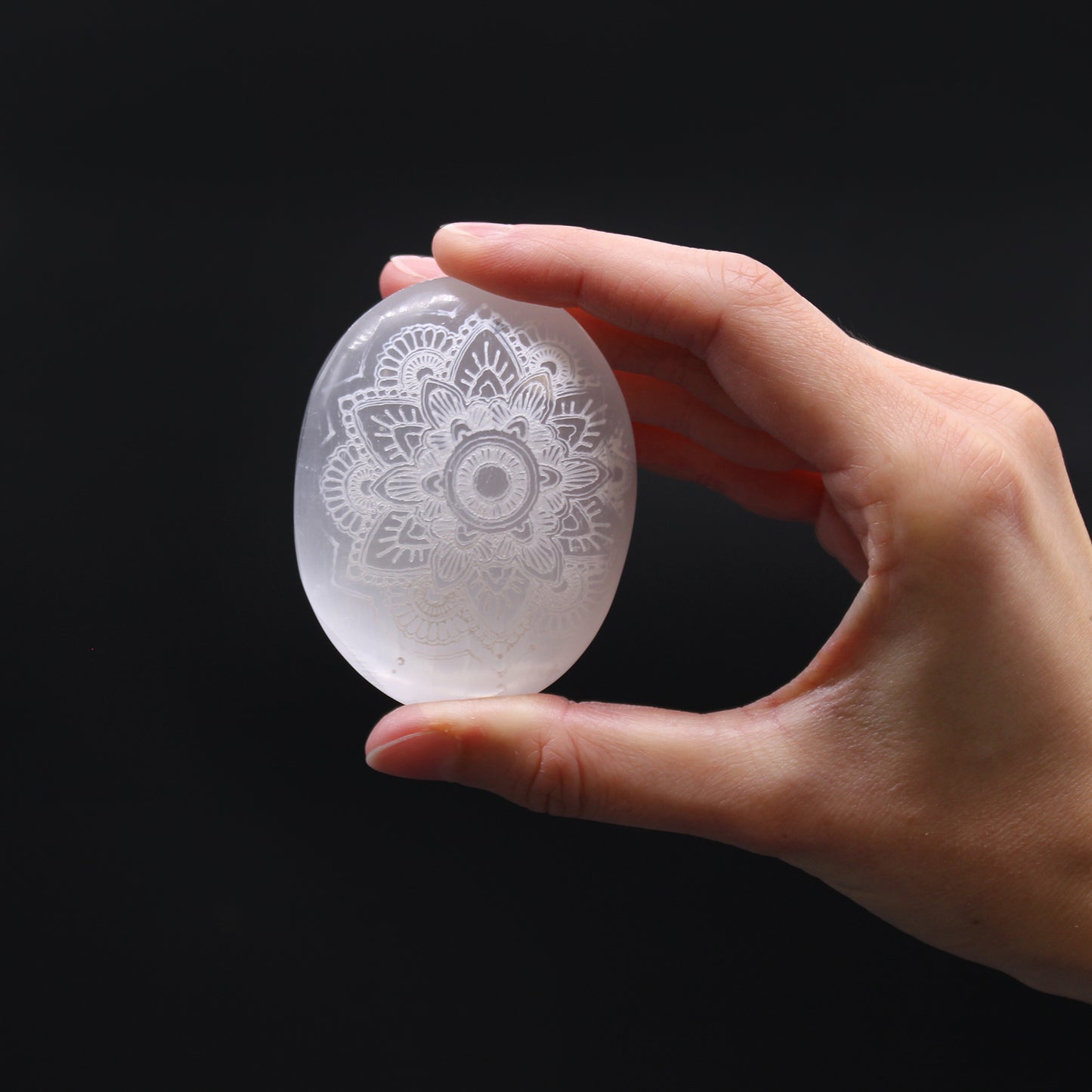 Selenite Palm Stone - Mandala Engraved | Energy Cleansing & Aura Clearing - Crystal Nest