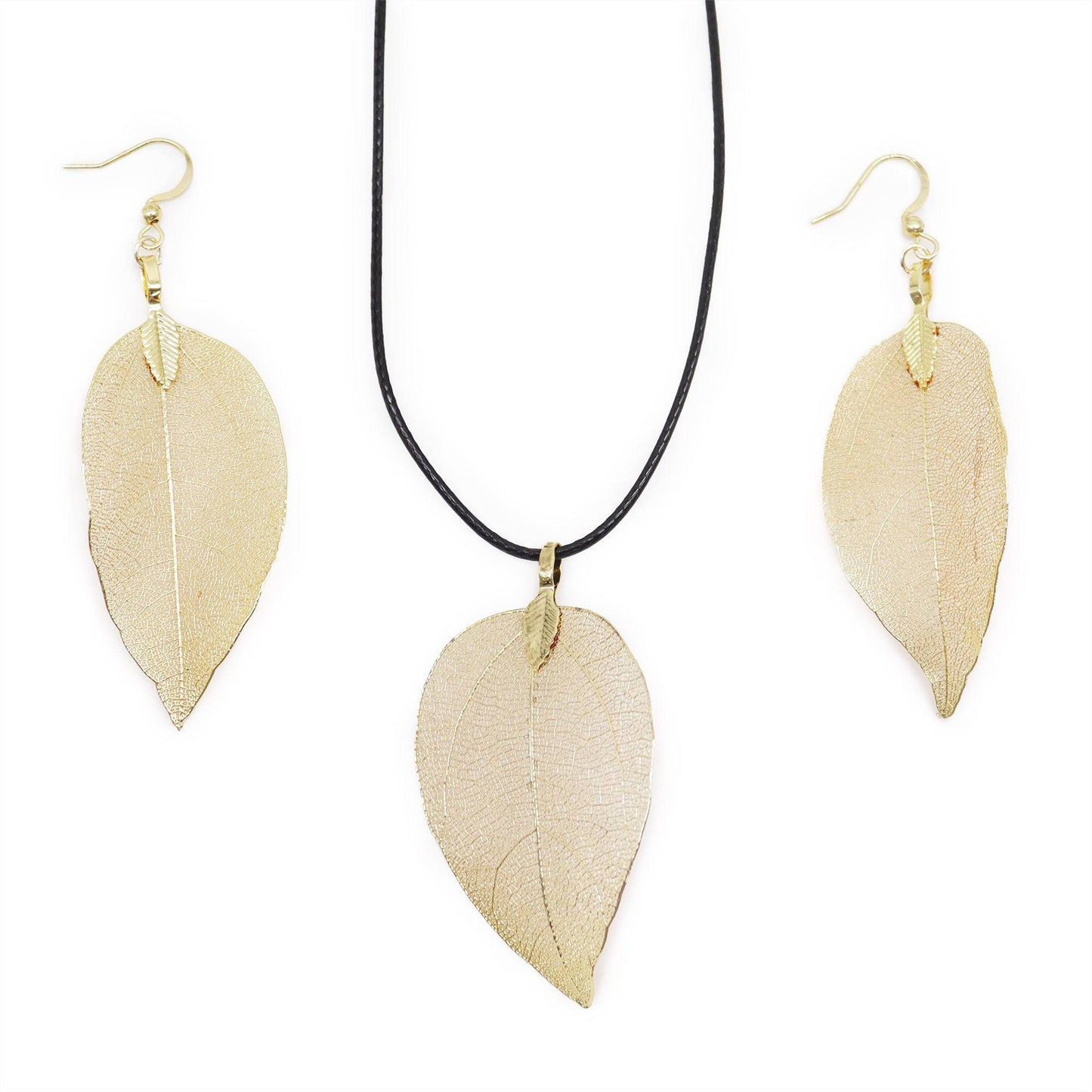 Real Leaf Necklace and Earring Set - Gold - Crystal Nest