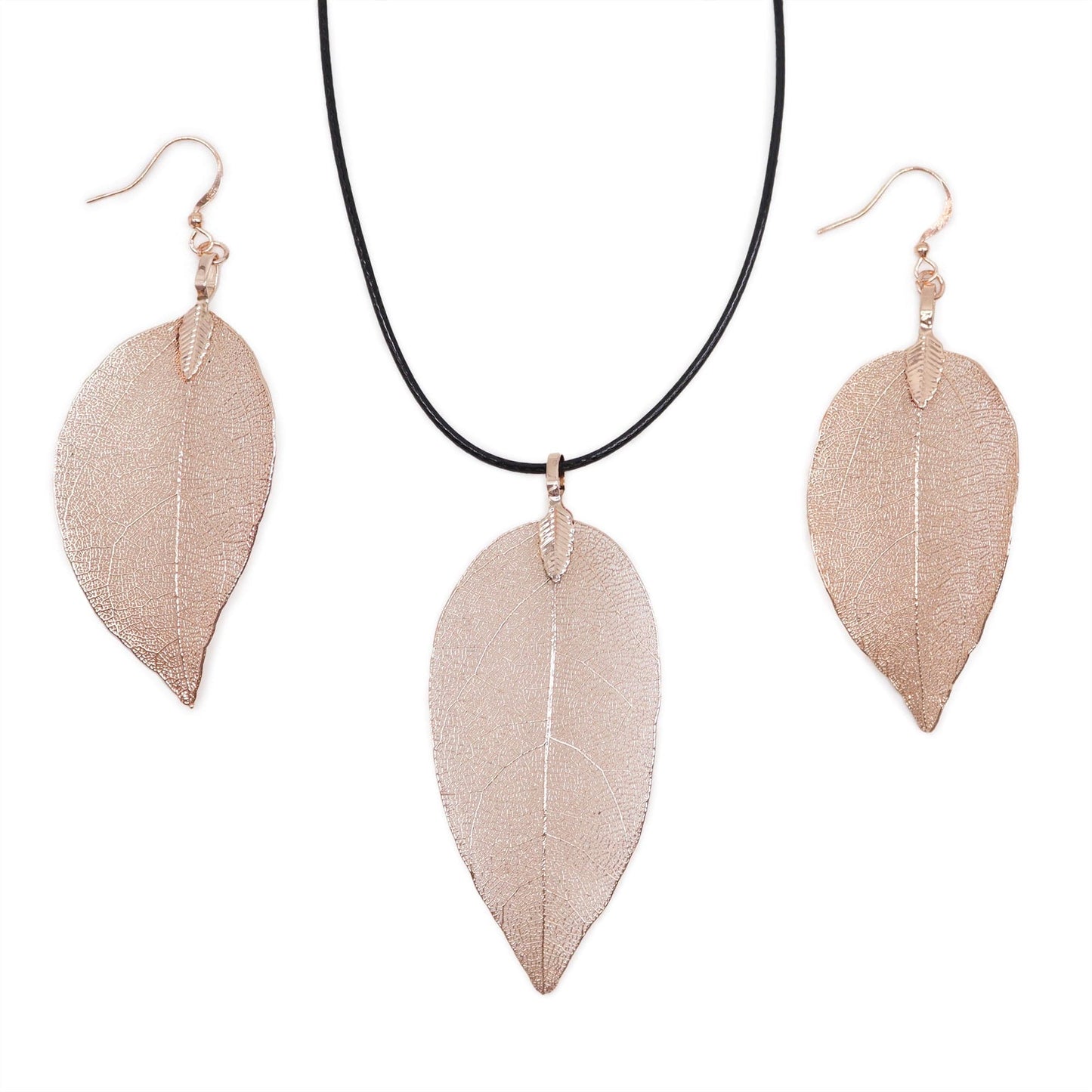 Real Leaf Necklace and Earring Set - Rose Gold - Crystal Nest