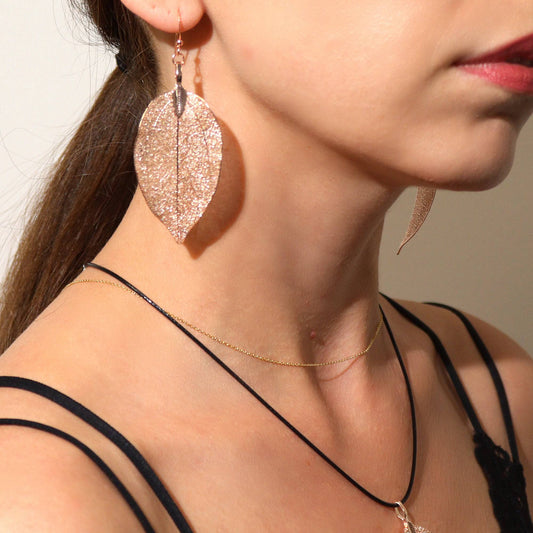 Real Leaf Necklace and Earring Set - Rose Gold - Crystal Nest