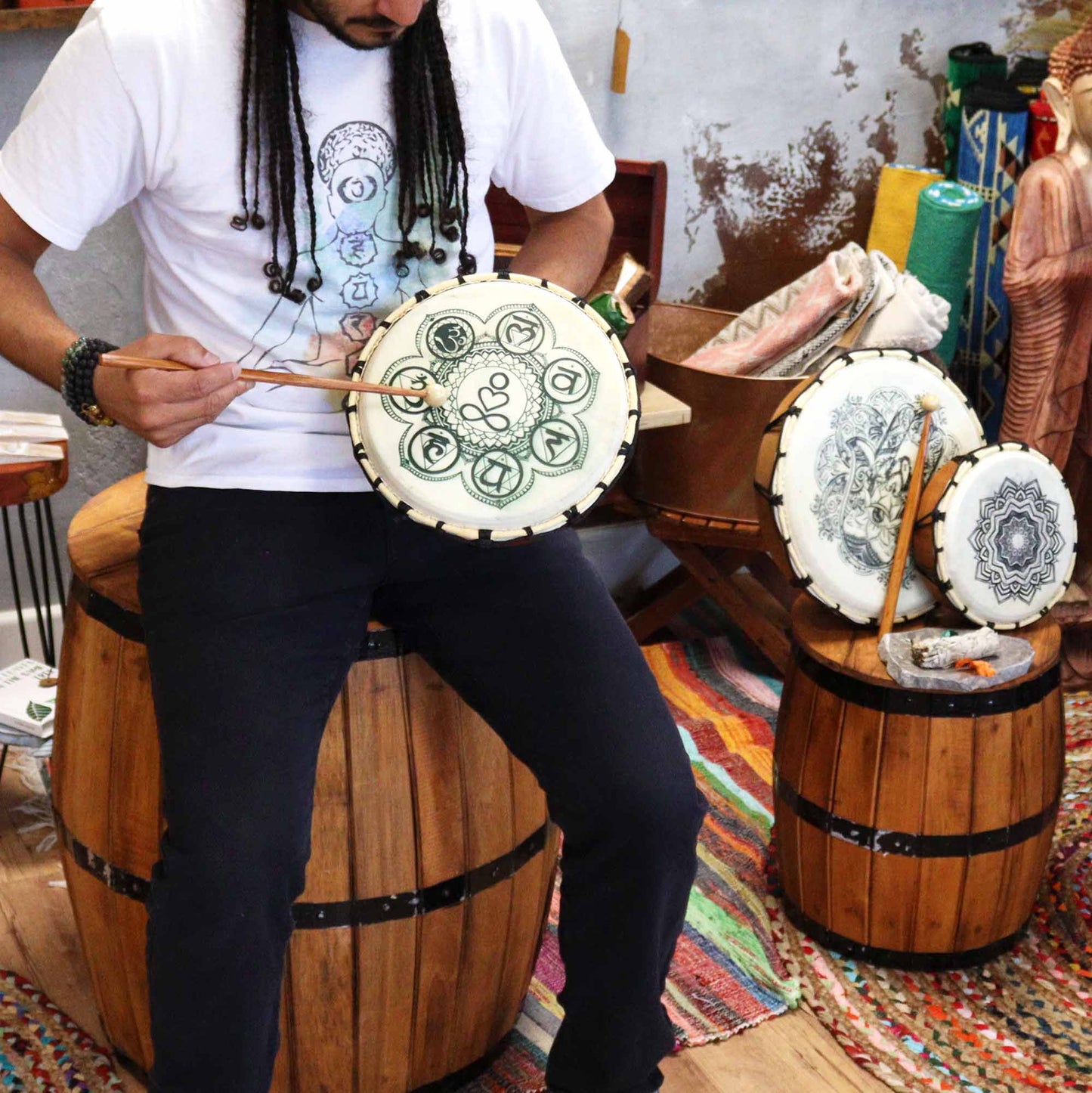 Chakra Shamanic Drum with Stick - Crystal Nest