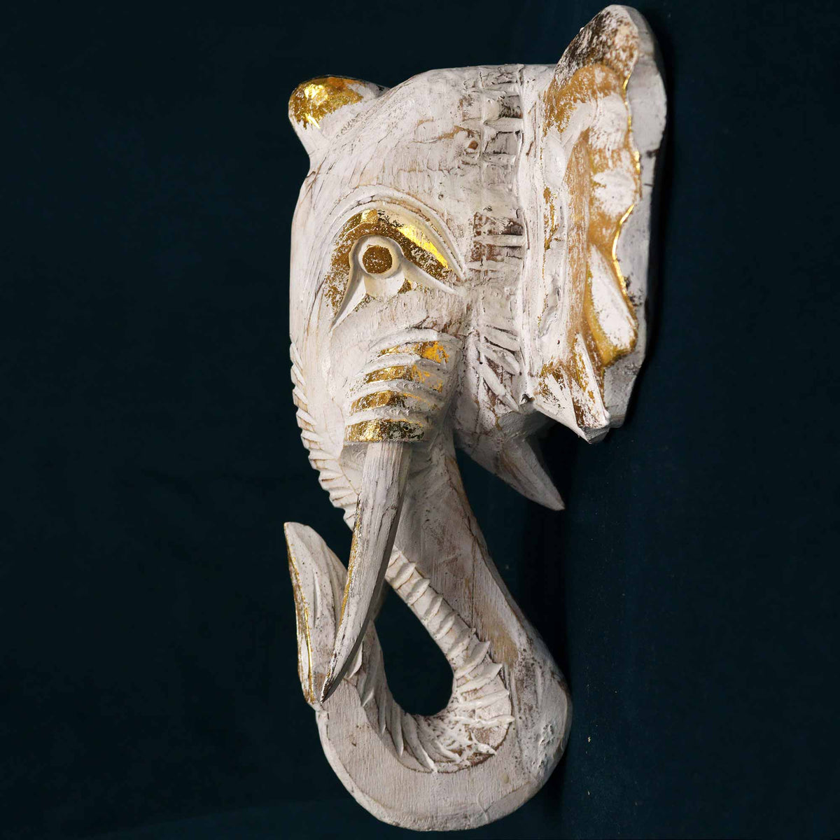 Large Wooden Hand-Carved Elephant Head | Gold & Whitewash - Crystal Nest