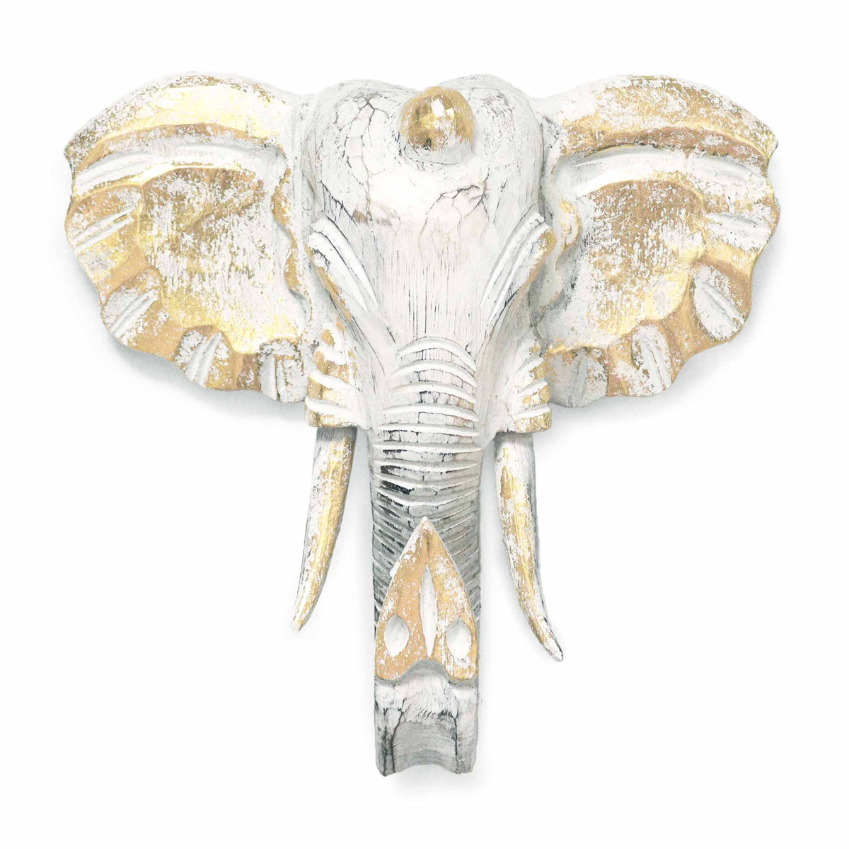 Large Wooden Hand-Carved Elephant Head | Gold & Whitewash - Crystal Nest