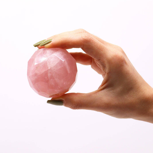 Rose Quartz Faceted Healing Ball with Wooden Stand - Crystal Nest