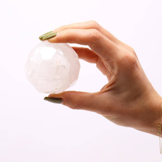 Rock Quartz Faceted Healing Ball with Wooden Stand - Crystal Nest