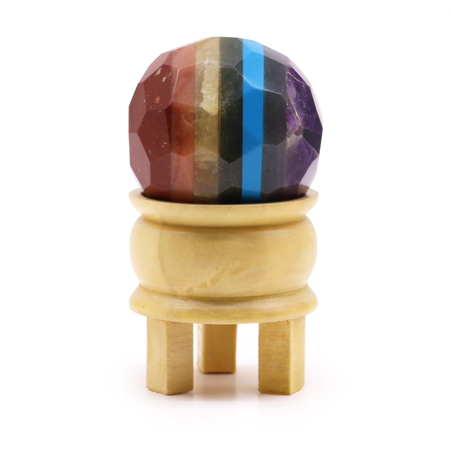 Seven Chakra Faceted Healing Ball on Wooden Stand - Crystal Nest