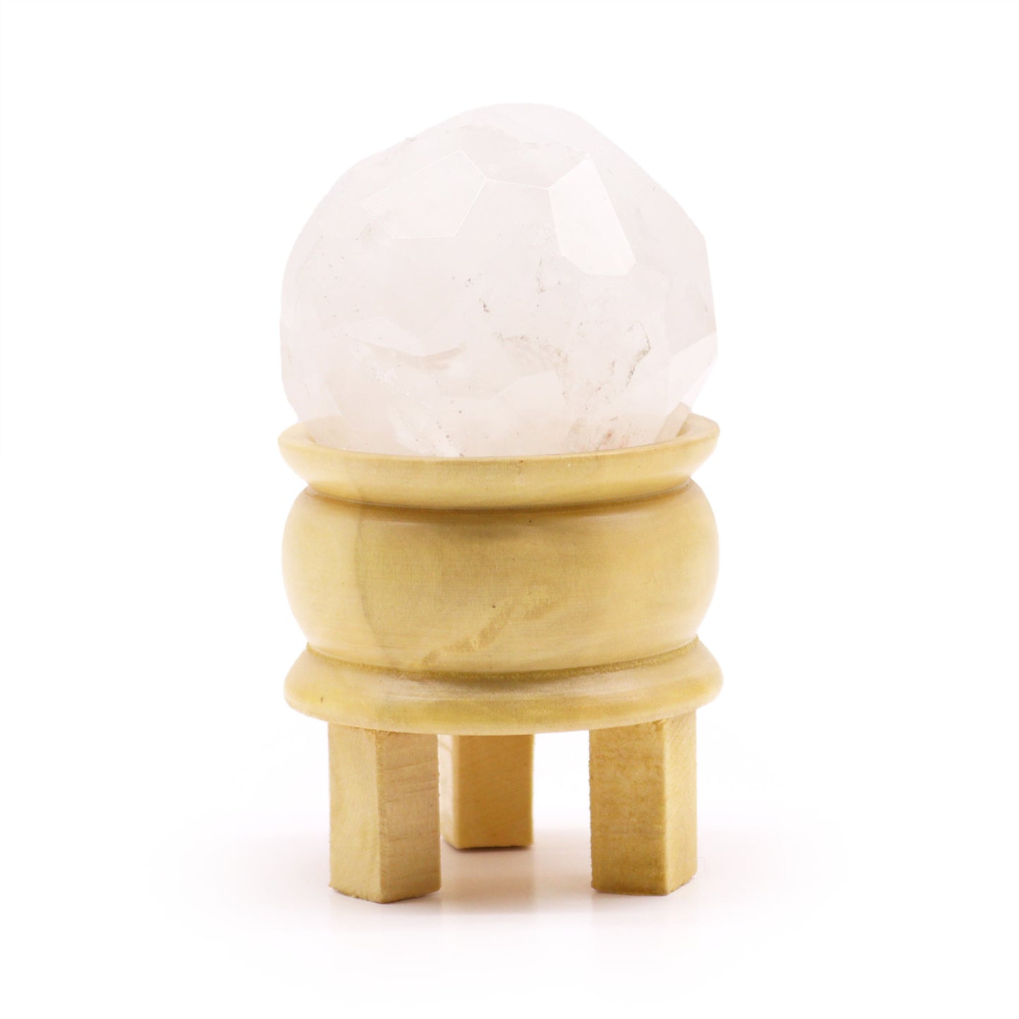 Rock Quartz Faceted Healing Ball with Wooden Stand - Crystal Nest