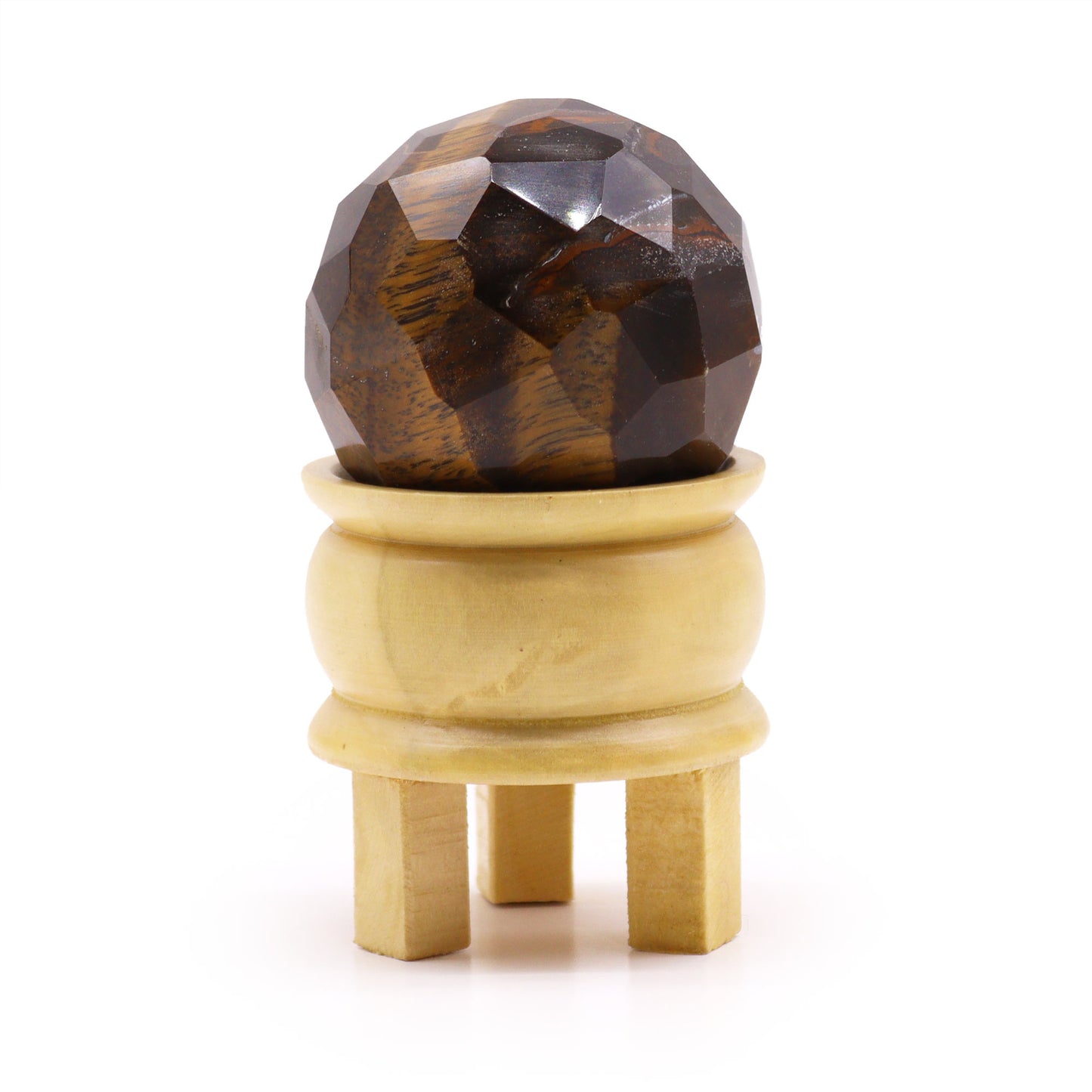 Tiger Eye Faceted Healing Ball with Wooden Stand - Crystal Nest