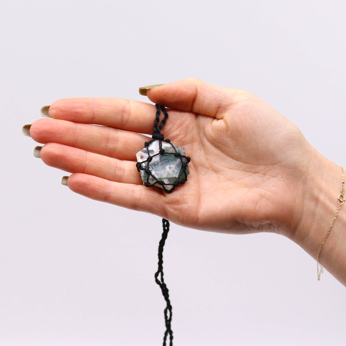 Moss Agate Hexagon Laced Necklace - Crystal Nest