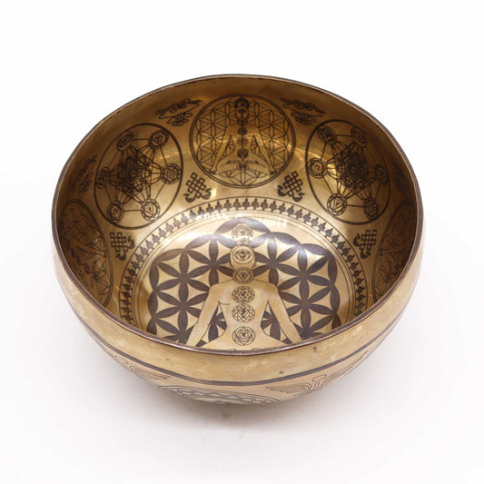 Om & Chakra Tibetan Brass Singing Bowl - 16cm - Crystal Nest