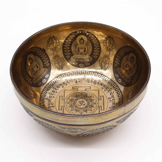 Om & Buddha Tibetan Brass Singing Bowl - 21cm - Crystal Nest
