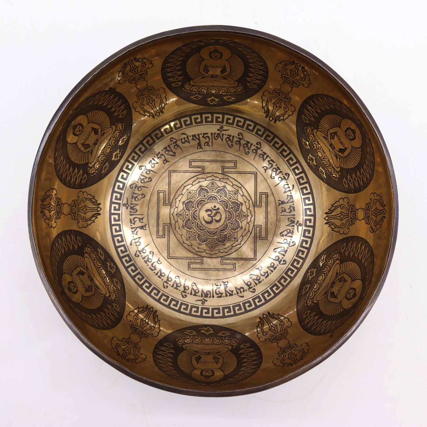 Om & Buddha Tibetan Brass Singing Bowl - 21cm - Crystal Nest