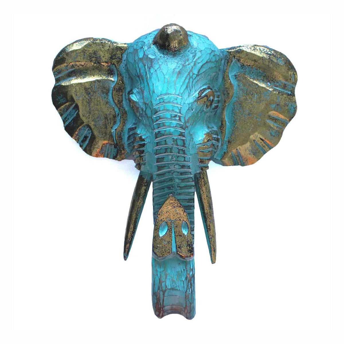 Large Wooden Hand-Carved Elephant Head | Gold & Turquoise - Crystal Nest