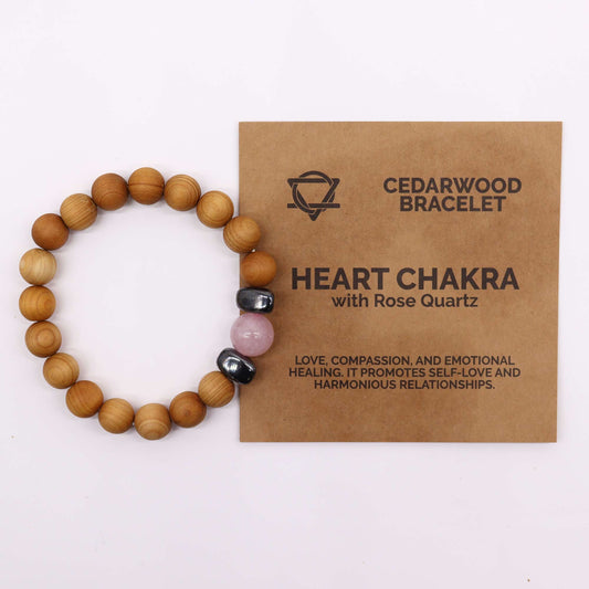 Cedarwood & Rose Quartz Heart Chakra Bracelet - Crystal Nest