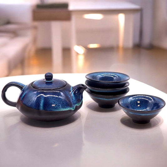 Japanese Artisan Blue Glaze Herbal Teapot & Cup Set - Crystal Nest