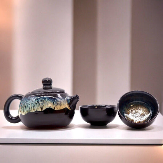 Japanese Artisan Black Glaze Herbal Teapot & Cup Set - Crystal Nest