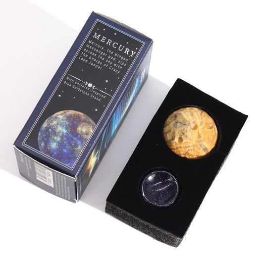 Crazy Lace Jasper Planet on Goldstone Stand - Mercury - Crystal Nest