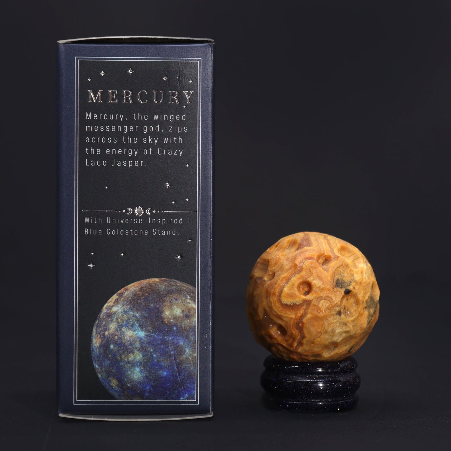 Crazy Lace Jasper Planet on Goldstone Stand - Mercury - Crystal Nest