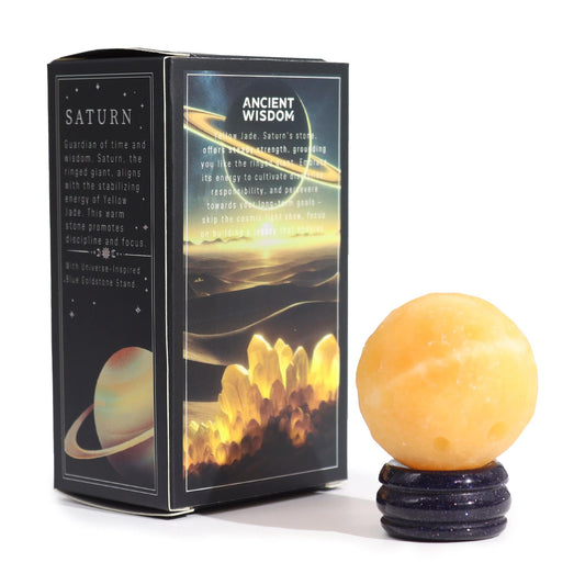 Yellow Jade Planet on Goldstone Stand - Saturn - Crystal Nest