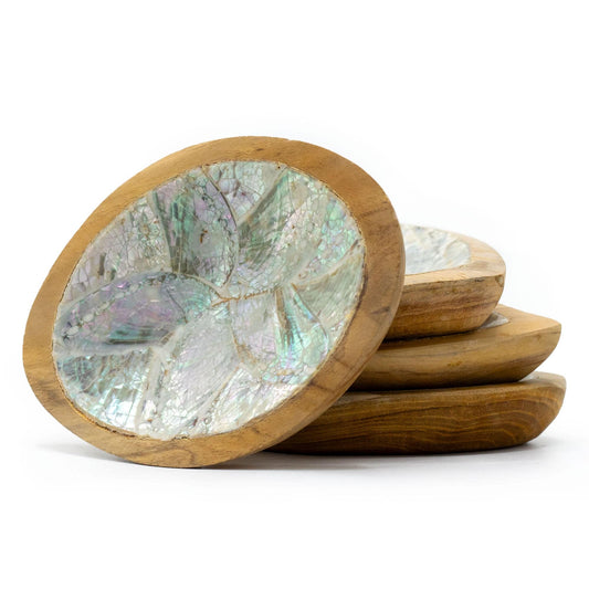 Teak Bowls with Shell Detail - Set of 4 - Crystal Nest