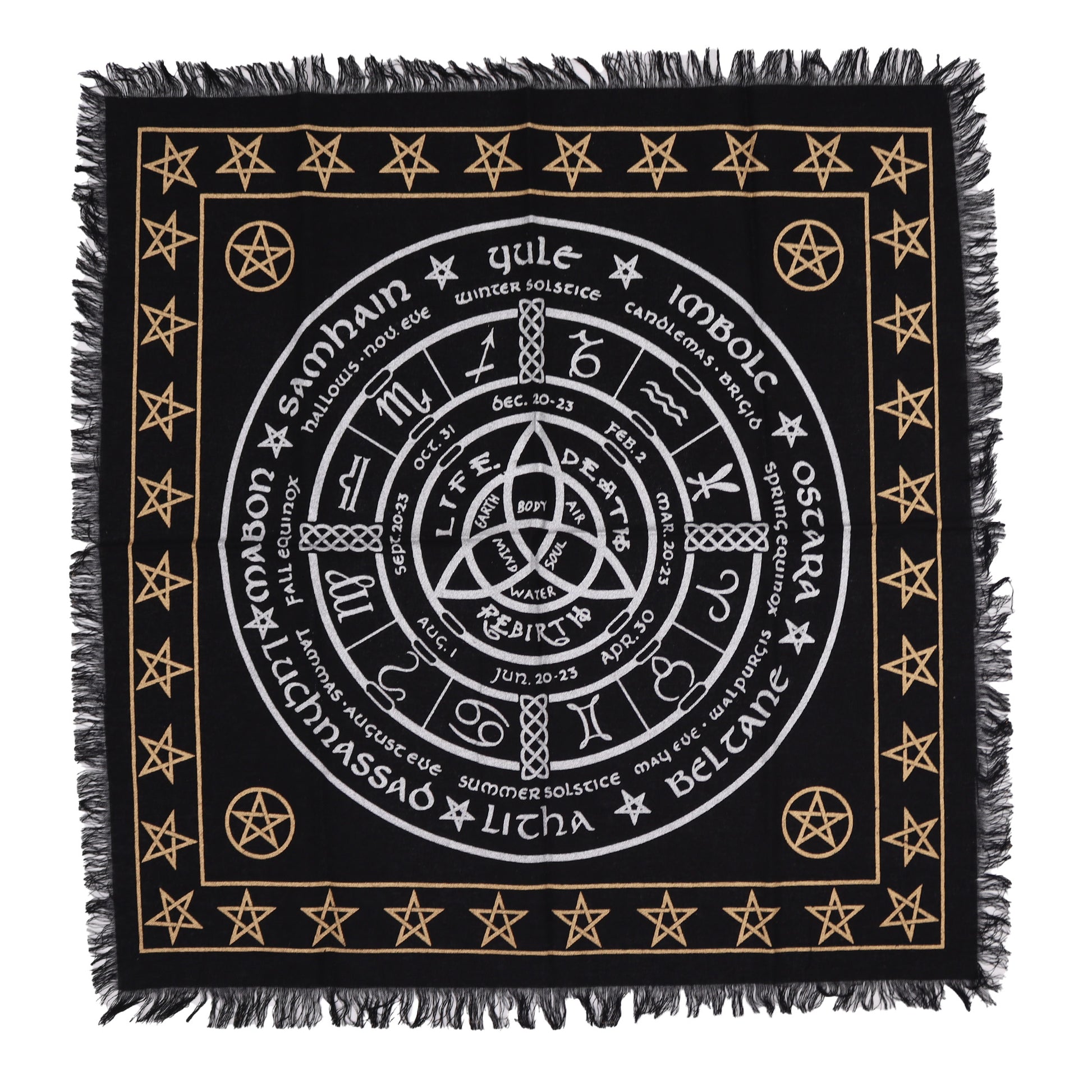 Life, Death & Rebirth Altar Cloth | Esoteric Fringed Cotton Tapestry - Crystal Nest
