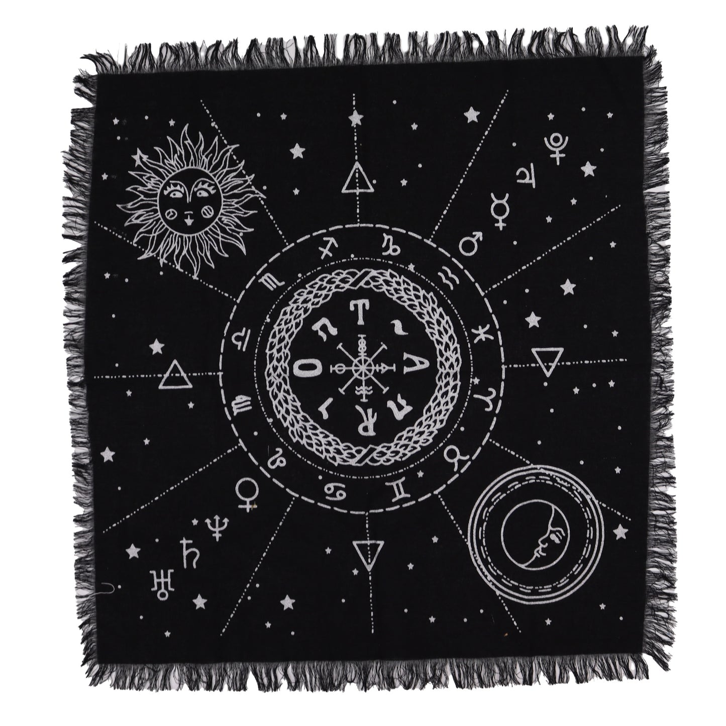 Moon & Sun Chart Altar Cloth | Esoteric Fringed Cotton Tapestry - Crystal Nest