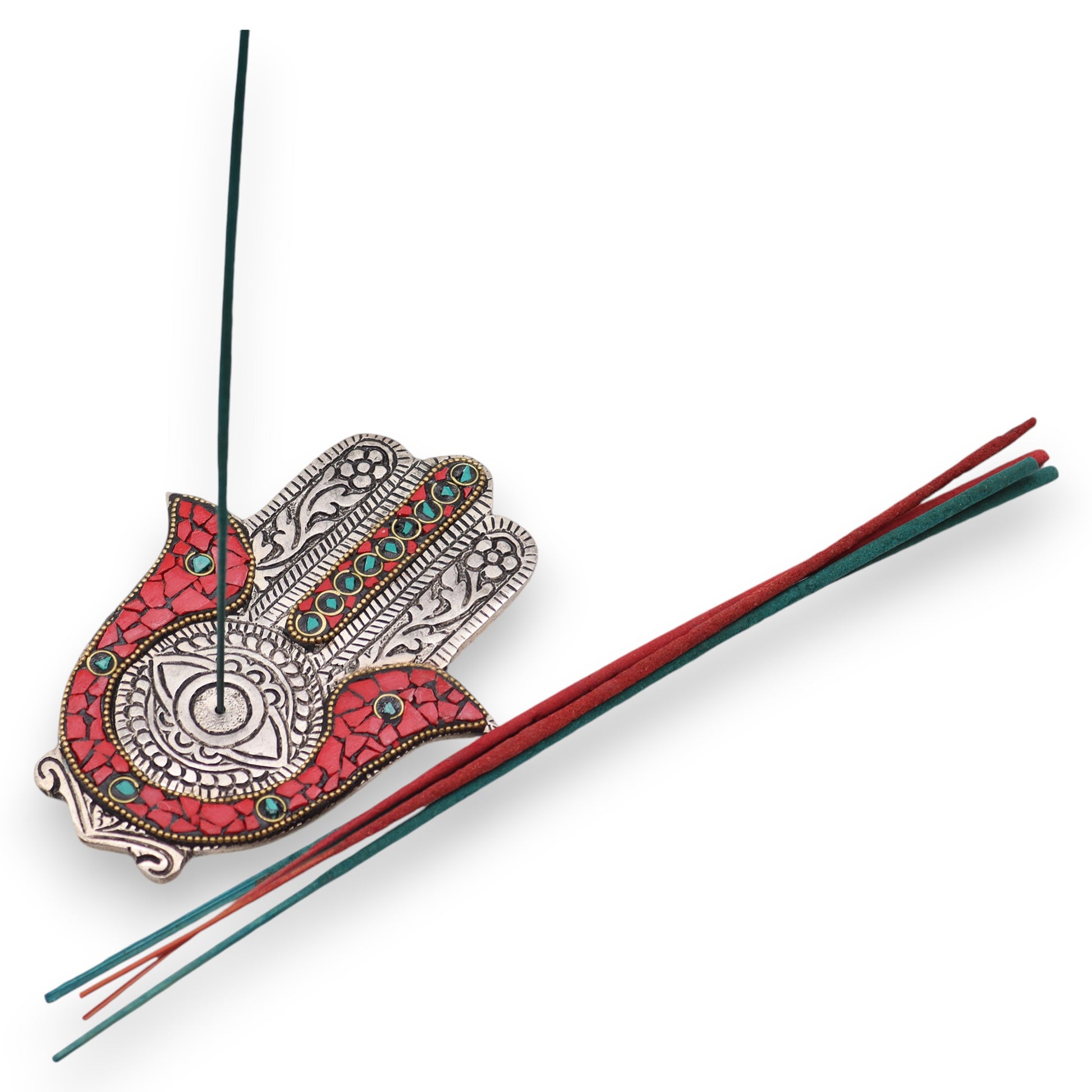 Antique Silver Hamsa Hand Incense Holder with Red & Green Mosaic - Crystal Nest