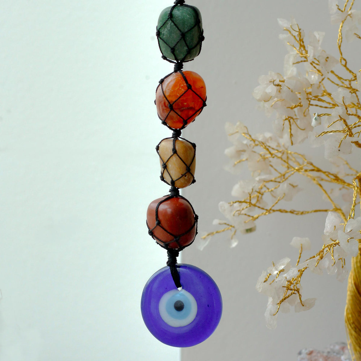 7 Chakra Gemstone and Evil Eye Hanging Pendant | Protection & Energy Balance - Crystal Nest