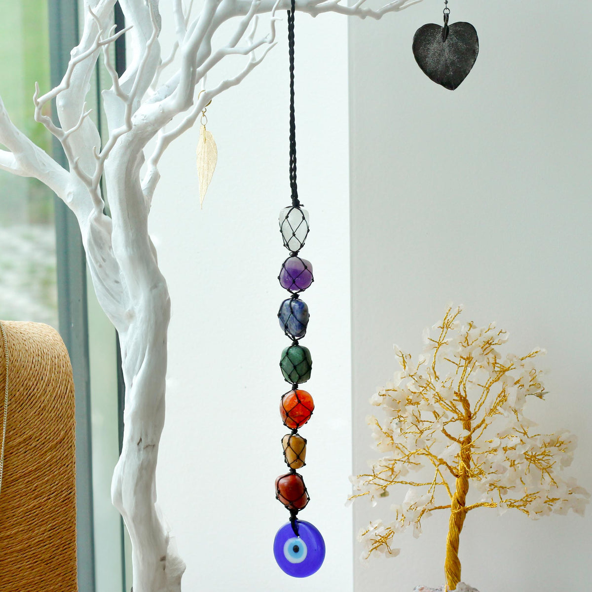 7 Chakra Gemstone and Evil Eye Hanging Pendant | Protection & Energy Balance - Crystal Nest