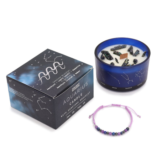 Aquarius Zodiac Crystal Candle with Gemstone Bracelet - Crystal Nest